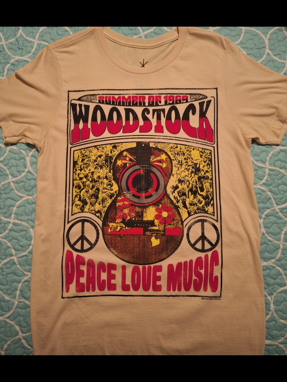 Buckle Woodstock Peace Love Music Graphic Tee - Beige with Red & Yellow Print